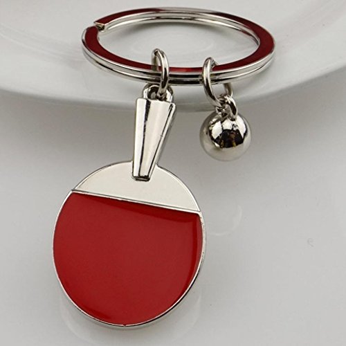 Pingpong Bat Ball Table Tennis Racket Keychain Car Key Chain Decor Ring Gift - Silver + Red