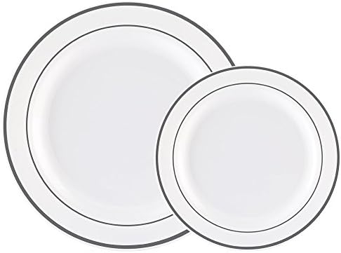 60PCS Heavyweight White with Silver Rim Wedding Party Plastic Plates,China Plastic Plates,30-10.25inch Dinner Plates and 30-7.5inch Salad Plates -WDF (White/Silver Rim)