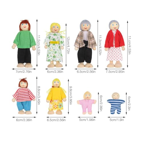 KOWVOWZ Dollhouse Family Figures, Wooden Doll Family People of 8 Figures, Wooden Doll House People for Girls Toddler Kids Dollhouse Accessories Toy