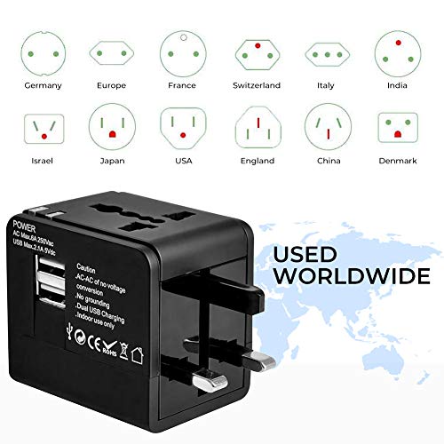 Travel Adapter, Universal Travel Adapter AC Power Plug Adapter with Dual USB Charging Interface for US UK, Europe Australia Asia, etc, Compatible with Mobile Phones and Laptops (Black)
