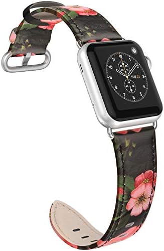 SWEES Floral Genuine Leather Band Compatible Apple Watch 38mm Series 4, Series 3, Series 2, Series 1, Sports & Edition Women, Dressy Elegant Strap Design Unique Accessories, Black Yellow Flower