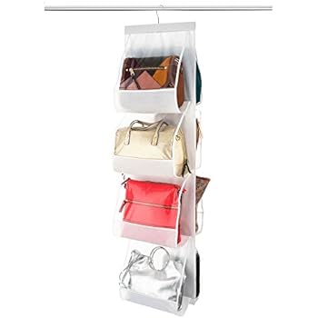 ZOBER Hanging Purse Organizer, Breathable Nonwoven Handbag Organizer, 8 Easy Access Clear Vinyl Pockets, White, 48 L x 12 W