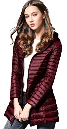 Elezay Women's Winter Light Weight Down Jacket Hooded Coat Wine M - Thumbnail 2