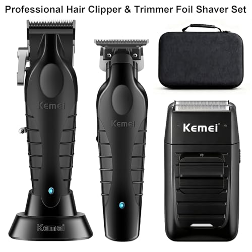 KEMEI Professional Men's Hair Clipper Cordless Hair Clipper with T Blade, Foil Razor, Electric Shaving and Cutting Kit with 11 Guide Combs