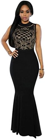 Kstare Fashion Women's O Neck Long Fitted Beading Sleeveless Evening Party Gown Dress (S, Black)