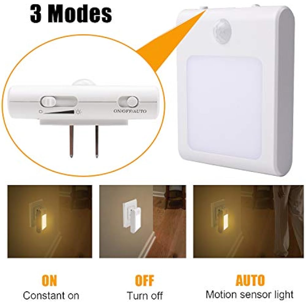 Plugin Motion Sensor Night Light, Adjustable Brightness Warm White LED