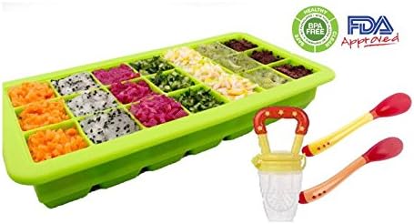 HEALTHY homemade Baby food kit: 21 portions storage container tray / Freezer (with lid) with a Feeder and FREE 2 heat sensitive spoons