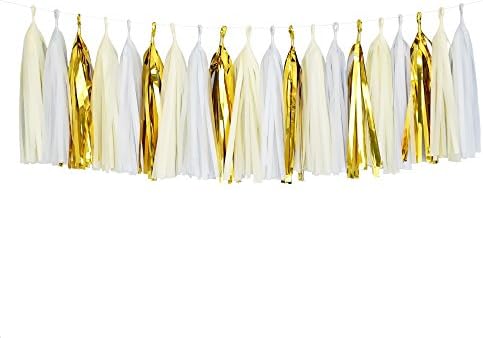 Tissue Paper Tassel Party Garland (20 Tassels Per Package) - 14 Inch Long Tassels (Ivory-White-Gold Mylar)
