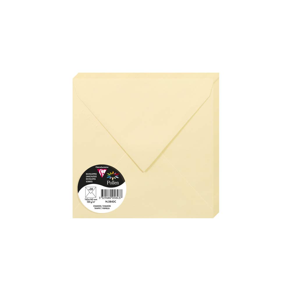Clairefontaine 5843C Pack of 20 Gummed Envelopes Square Format 16.5x16.5cm 120g/m² Tawny Invitation Events Correspondence Pollen Range Premium Smooth Paper