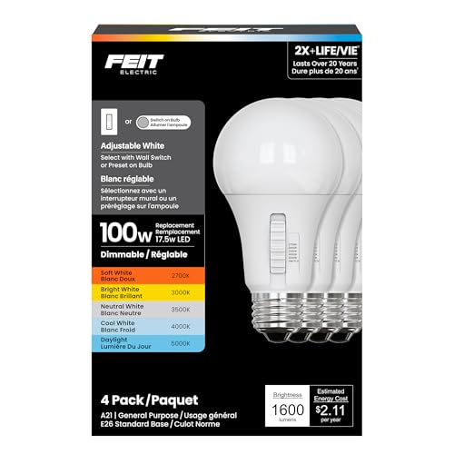 Feit Electric A19 Adjustable White LED Light Bulb, 100W Equivalent, 1600 Lumens…