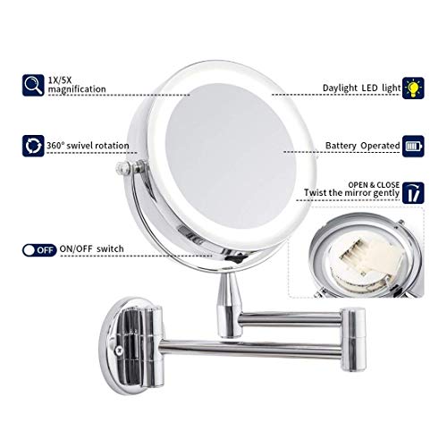 4.5" Vanity Magnifying Makeup Mirror Wall Mounted 1X/5X Magnification, Two-Side, 360 Degrees Rotating Function, Chrome Finished for Bedroom Bathroom Hotel