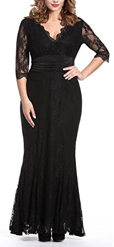 Anfee Women's V Neck 2/3 Sleeves Plus Size Evening Party Midi Lace Dresses