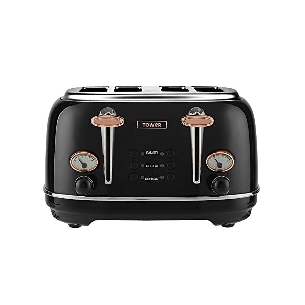 Tower Bottega T20017 4 Slice Stainless Steel Toaster with Variable Browning Control, Defrost and Reheat Settings, Black…