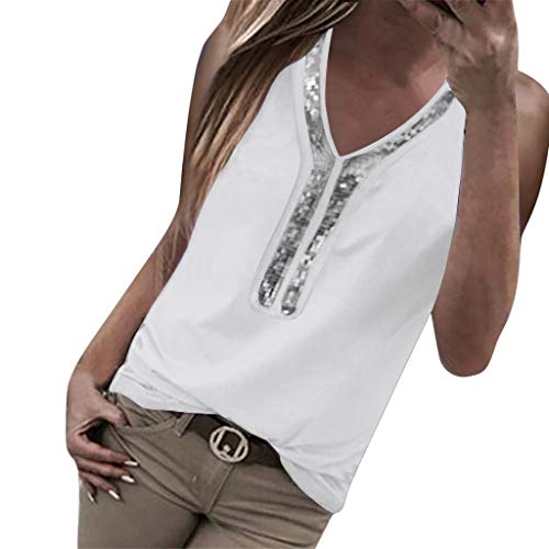 YEZIJIN Fashion Women Sexy Sequins Summer Tank Top V-Neck Blouse Sleeveless T-Shirt 2019 New Best White (Best Rainwear For Work)