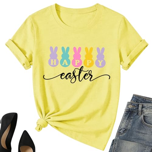 Happy Easter Shirt for Women-Cute Easter Rabbit Tee Tops Spring Colored Bunny Short Sleeve at Amazon