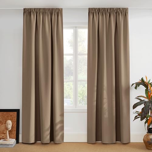 PONY DANCE Blackout Window Curtains - Top Pencil Pleat Light Block Wide Curtain Drapes for Thermal Insulated Solid Window Treatment for Home Decoration 2 Panels, W90 X L90, Cappuccino — image 1