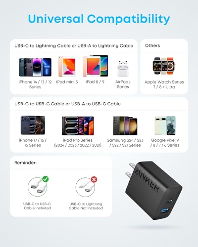 Anker iPhone 17/16 Charger, 2-Pack 20W Fast USB C Charger Block, for iPhone 16/16 Pro Max/15 Series/iPad Pro and More (Black, 2 Pack & 2 Cable)