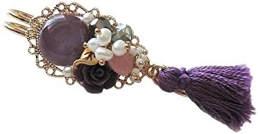 Hanabe Women Handmade Tassel Crystal Pearl Safety Pin Clothing Pin Brooch Purple