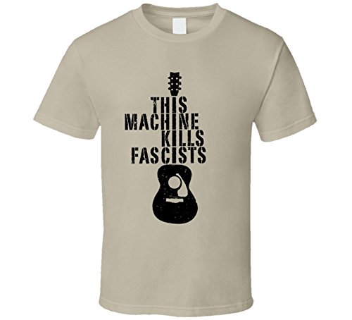 This Machine Kills Fascists Woody Guthrie Guitar T Shirt L Tan