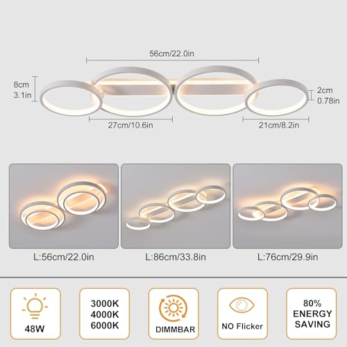 Modern LED Ceiling Light, 48W 3000K-6500K, 4 Rings Round Design Bedroom Lighting, Interior Decorative Light with Remote Control APP Dimmable, Chandelier Lamp for Living Room, Office, Kitchen, Hallway