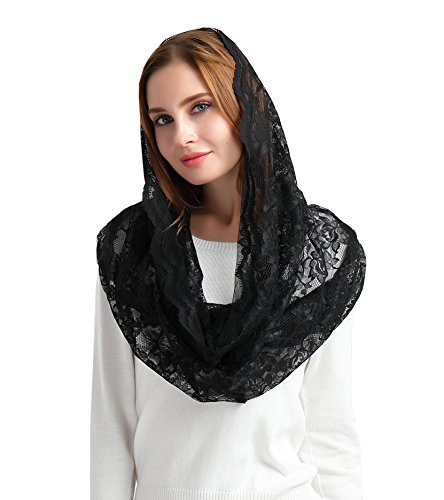 Black Catholic Mantilla Veils for Mass Head Covering Lace Church Headscarf S06L (Black)