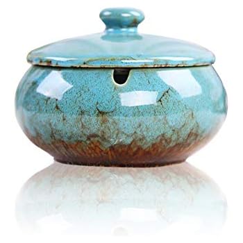 Lependor Ceramic Ashtray with Lids, Windproof, Cigarette Ashtray for Indoor or Outdoor Use，Ash Holder for Smokers,Desktop Smoking Ash Tray for Home Office Decoration - Blue