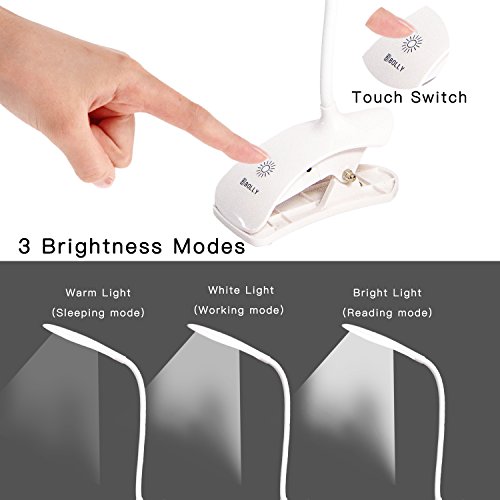 LED Reading Light, Bolly Book Light Desk Lamp for Kids Clip on Bed and Headboard -3 Brightness, Eye Protection, Lightweight, USB Rechargeable and Touch Switch-Perfect for Bookworms & Kids