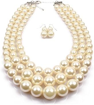 3 Row Layered Imitation Pearl Beaded Necklace Earrings Set Prom | Imitation White Pearl Jewelry Set