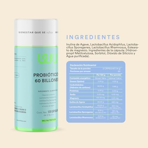 WU Nutrition PROBIÓTICOS 60 Billones | Simbióticos con Prebióticos e Inulina de Agave | Lactobacillus Rhamnosus y Acidophilus para Salud Intestinal y Flora Íntima | Soporte Digestivo, Defensas y pH Balanceado | Sin Gluten ni Lácteos | 120 Cápsulas (2 Meses)