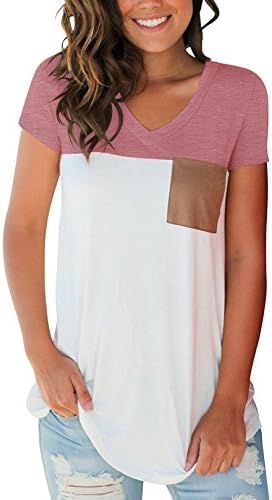 Aolakeke Short Sleeve V Neck Color Block T-Shirt Tops Casual Blouse Suede Pocket