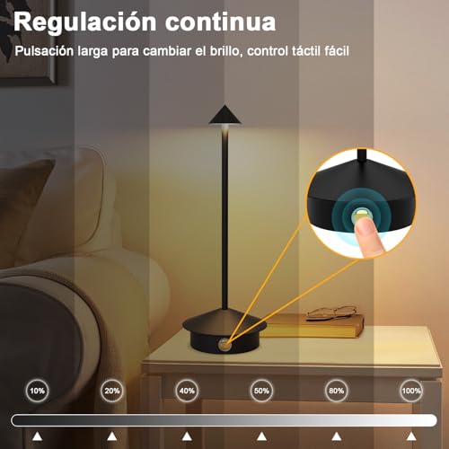 Sunsign Lámparas de Mesa Inalámbricas, Pequeña Lámpara de Escritorio Portátil,3 Temperaturas de Color y Regulable, Lámparas de Mesa para Dormitorio, para Sala de Estar, Restaurante (Negro)