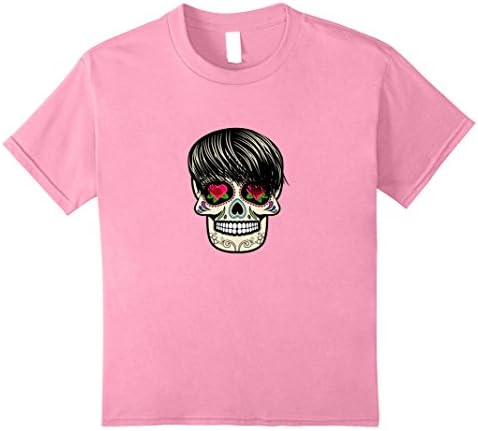 Kids Sugar Skull with Hipster Funny Hair T-shirt 12 Pink