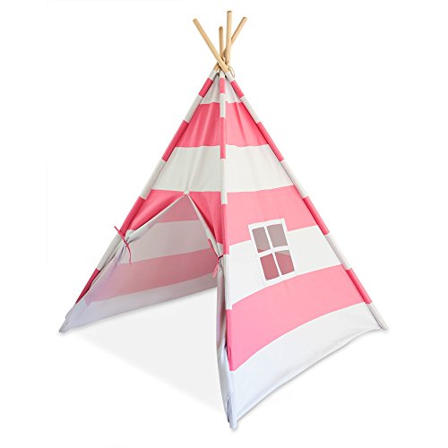 Premium, Deluxe Kids Teepee Tent with Thick Canvas Fabric, Peek-a-boo Window, Tiebacks, Covered Pole Sleeves, and Canvas Carry Case - Bubble Gum Pink - By Tiny Hideaways