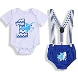Baby Birthday Shark Clothes Baby Boy Girl Short Sleeve Bodysuit and Cake Smash Outfits (Blue - B, 15-18 Months)