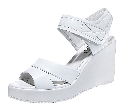 FreeRun Women's Fashion Velcro Ankle-Strap Pure Color Wedge High Heel Sandals (5.5 B(M)US,white)