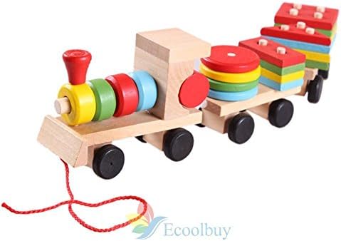 Colorful Toys Kids Wooden Pull Along Shapes Train Stacking Building Block Sorter