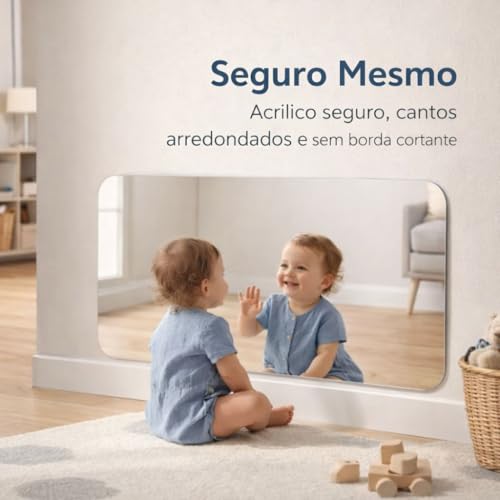 Espelho Acrílico Montessoriano para Bebê 100x50 cm Sem Moldura com Cantos Arredondados, Fixação com Fita Dupla Face, para Quarto Infantil e Brinquedoteca