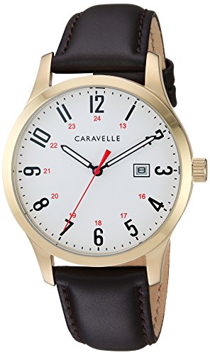 Caravelle Men's Quartz Stainless Steel and Leather Dress Watch, Color:Brown (Model: 44B116)