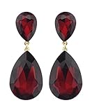 Women's Elegant Dangling Teardrop Stone Pierced Earrings, Ruby Red Stone, Gold-Tone