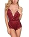 ADOME Women Lingerie Bodysuit V Neck Teddy Lace Babydoll Satin Pajamas Nightwear (M, Wine Red)