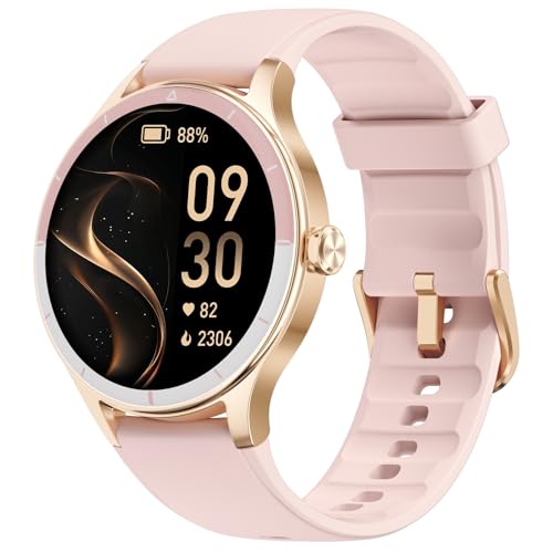 TOOBUR Women's Round Smartwatch, 40 mm Sports Smartwatch, Calorie Step Counter, Compatible Android iOS, Answer/Make Calls, Women's Health Watch, IP68 Waterproof, Pink
