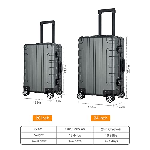 24inch AluminumMagnesium Alloy Carryon Hardside Suitcase Hard Shell Luggage, BuiltIn TSA