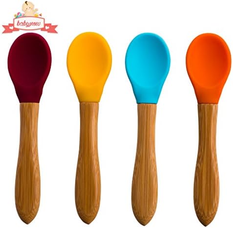 Safe Baby Feeding Spoons [Organic] 4 Color Pack Makes Mealtime Fun - Silicone Bowl and Easy Grip Bamboo Handle (BPA Free)