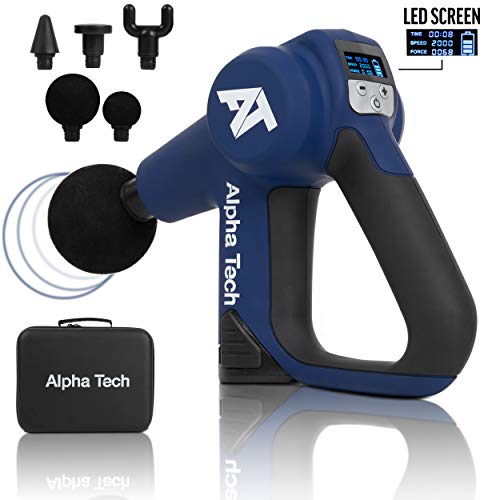 AlphaTech Handheld Percussion Massage Gun, New Upgraded Premium Electric Deep Tissue Massager for Muscle Pain, Soreness, and Stiffness, Ultra Quiet, 15 Speed High-Intensity, Includes 5 Massage Heads