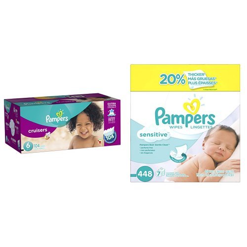 Pampers Cruisers Diapers Economy Plus Pack, Size 6, 104 Count and Pampers Sensitive Wipes, 7x Box, 448 Count Bundle