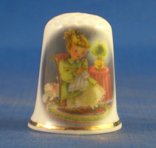 Porcelain China Collectable Thimble - Knitting by Oil Lamp - Free Gift Box