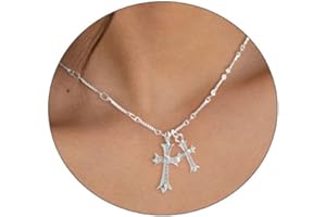 Warshion Cross Necklace 14K Gold/Silver Plated Double Cross Pendant Necklace Dainty Diamond Cross Charm Link Chain Choker Delicate Faith Jewelry Religious Gifts for Women