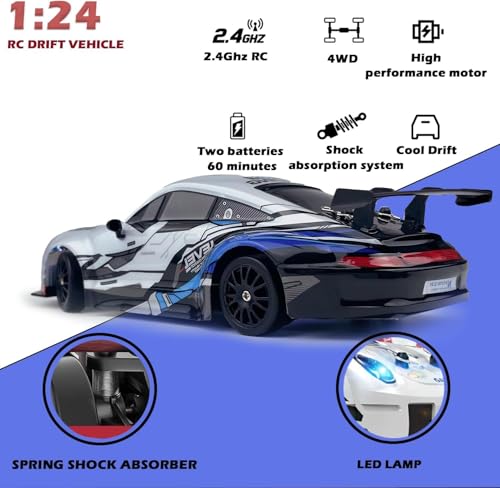 Last page® RC Drift Car 2.4GHz 1:24 Scale 4WD High Speed Remote Control Cars Vehicle with LED Lights Two Batteries and Drifting Tires Racing Sport Toy Cars for Adults Boys Girls Kids (Blue sports car)
