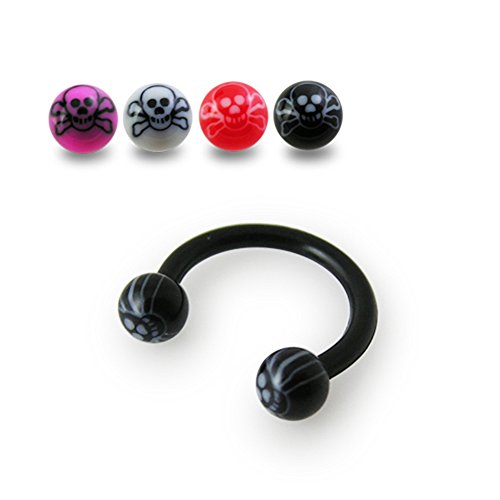 10 Pieces Assorted Color of 16Gx5/16 (1.2x8MM) Bioflex Circular Barbell with 3MM UV Skull Ball Body jewelry
