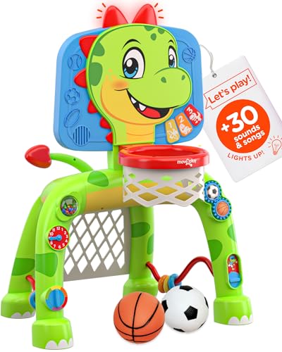 Move2Play, Dinosaur Basketball Hoop & Soccer Goal Activity Center | 30+ Sounds & Songs + 5 Lights | 1 2 3 Year Old for Boys and Girls | Toy & Gift for Baby & Toddlers
